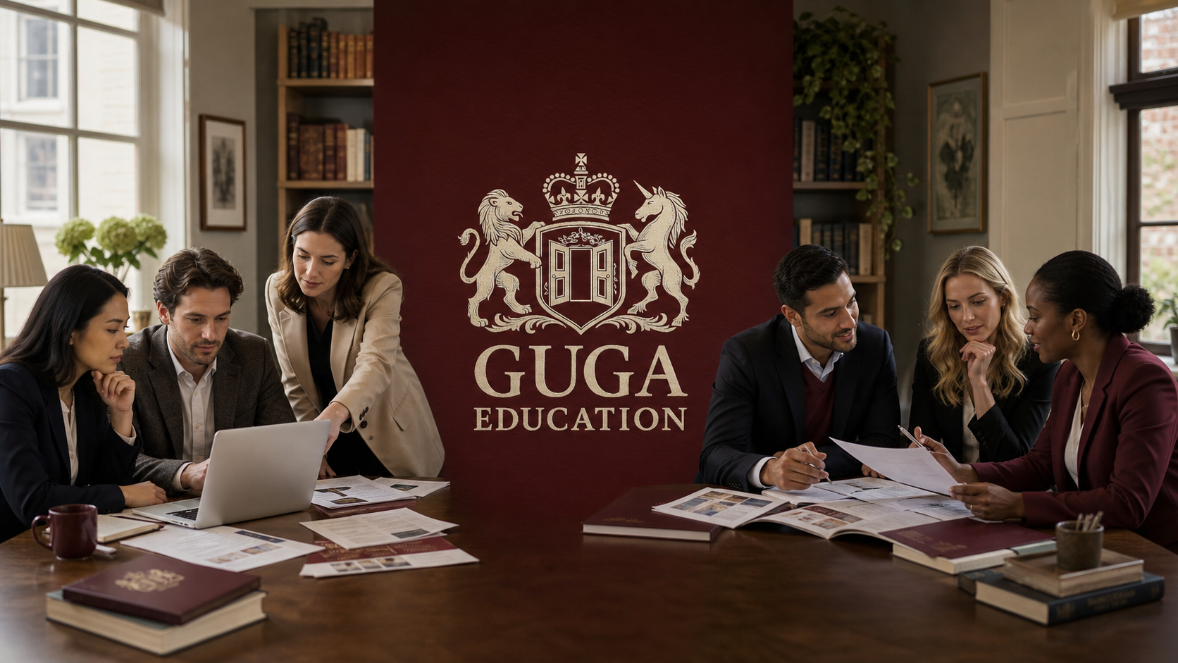 GUGA Education team working on both sides of the company crest