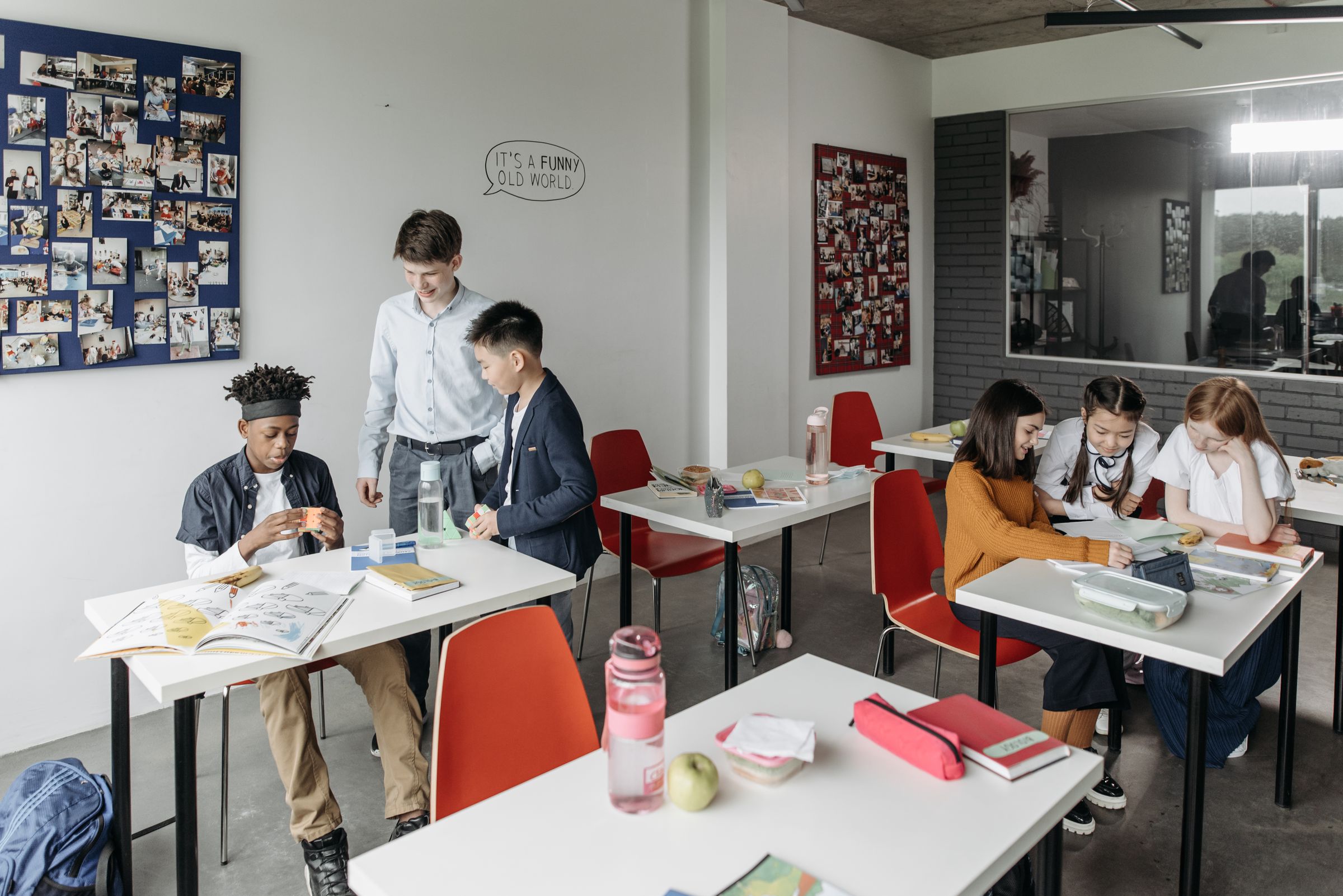 Pupils working together in a modern school classroom