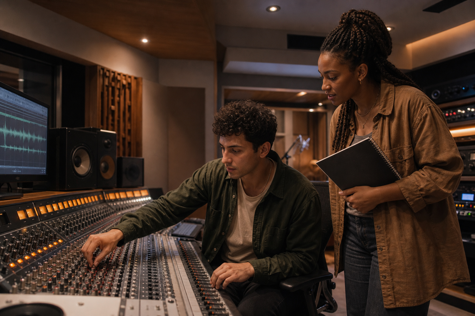 Two students producing a music track at a professional studio mixing console