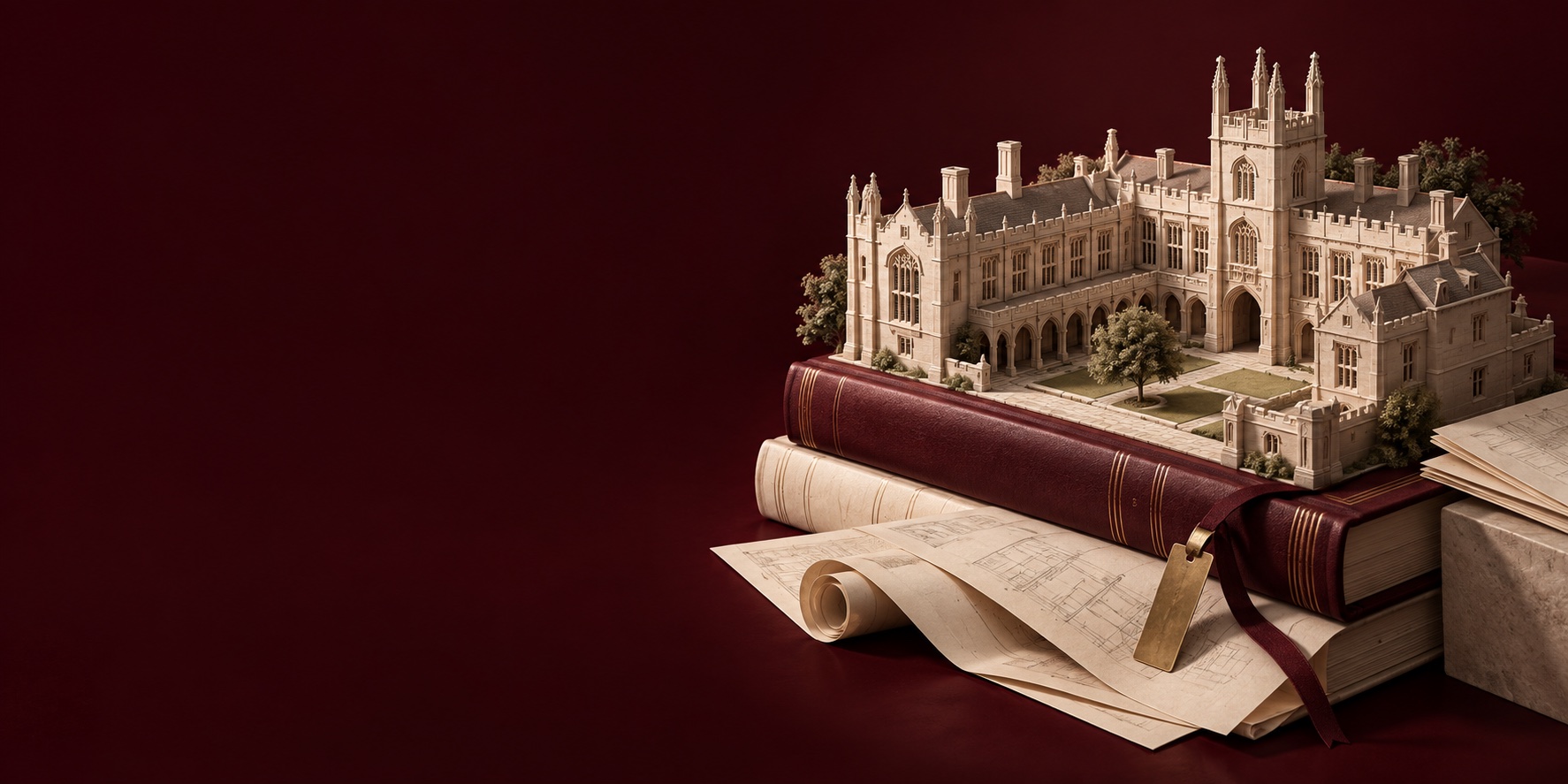 Illustration: a model British university courtyard on books and study materials